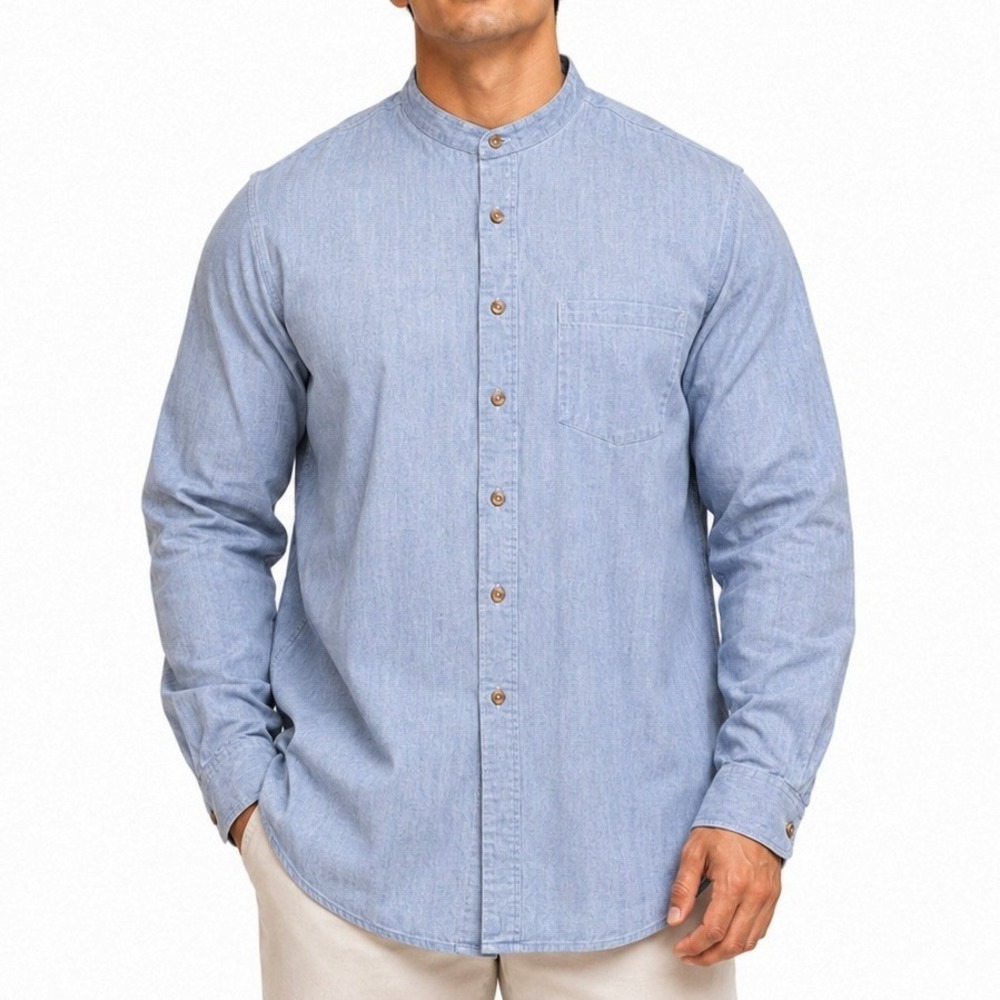 TropiCool Mandarin Collar Shirt Mens XL Light Blue Cotton Casual Chambray Band